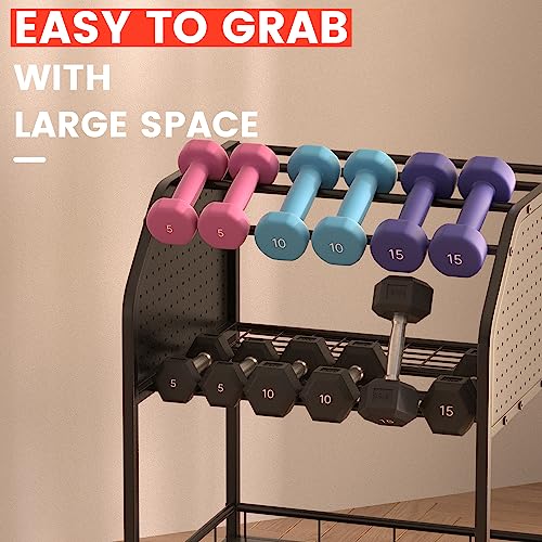 Industree Dumbbell Rack for Home Gym Storage Rack 3 Tier Yoga Mat Kettlebell Dumbbell And Balls Workout Gym Equipment Storage Gym Organization Weight Rack for Dumbbells Home Gym With Wheels And Hooks