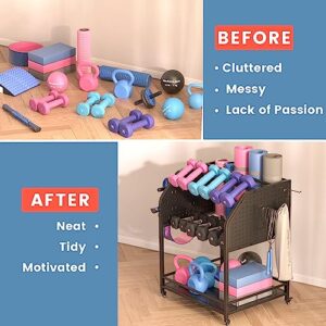 Industree Dumbbell Rack for Home Gym Storage Rack 3 Tier Yoga Mat Kettlebell Dumbbell And Balls Workout Gym Equipment Storage Gym Organization Weight Rack for Dumbbells Home Gym With Wheels And Hooks