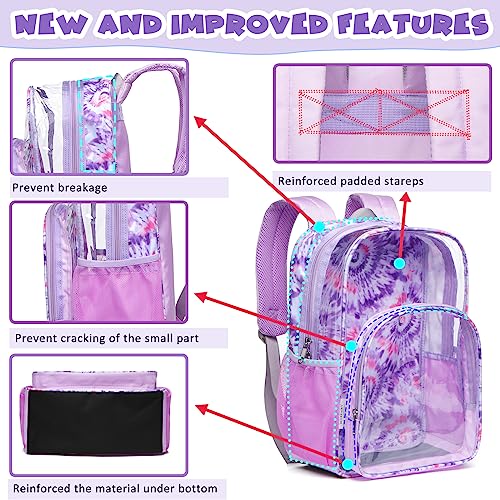 BLUEFAIRY Clear Backpack for Girls Stadium Approved Heavy Duty PVC Transparent Book Bag Cute See Through Bag for School Events Travel Gifts 17 Inch Laege Purple