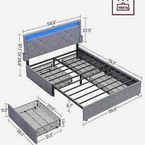 VASAGLE LED Bed Frame Full Size with Headboard and 4 Drawers, 1 USB Port and 1 Type C Port, Adjustable Upholstered Headboard, No Box Spring Needed, Light Grey URMB822G01