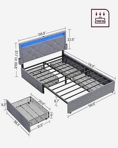 VASAGLE LED Bed Frame Full Size with Headboard and 4 Drawers, 1 USB Port and 1 Type C Port, Adjustable Upholstered Headboard, No Box Spring Needed, Light Grey URMB822G01