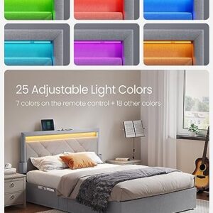 VASAGLE LED Bed Frame Full Size with Headboard and 4 Drawers, 1 USB Port and 1 Type C Port, Adjustable Upholstered Headboard, No Box Spring Needed, Light Grey URMB822G01