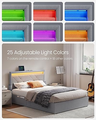 VASAGLE LED Bed Frame Full Size with Headboard and 4 Drawers, 1 USB Port and 1 Type C Port, Adjustable Upholstered Headboard, No Box Spring Needed, Light Grey URMB822G01