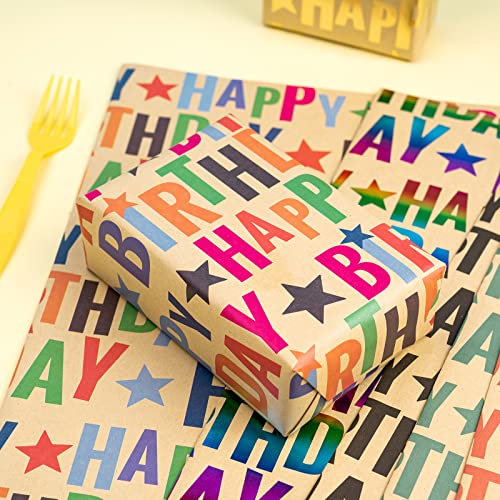 RUSPEPA Kraft Wrapping Paper Sheets - Birthday Greeting Design - 12 Folded Sheets-19.68 X27.5 Inch