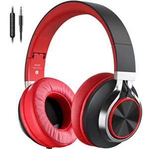 coosii ac01 headphones wired noise isolating over ear corded stereo headsets with microphone volume control for adults teens 3.5mm for cellphones, tablets, laptop, chromebook (black red)