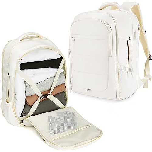 Carry on Backpack for Women, 35L Flight Approved Travel Backpack, Expandable Personal Item Backpack, Water Resistant Lightweight Business College Laptop Daypack Weekender Carry on Bag, Beige