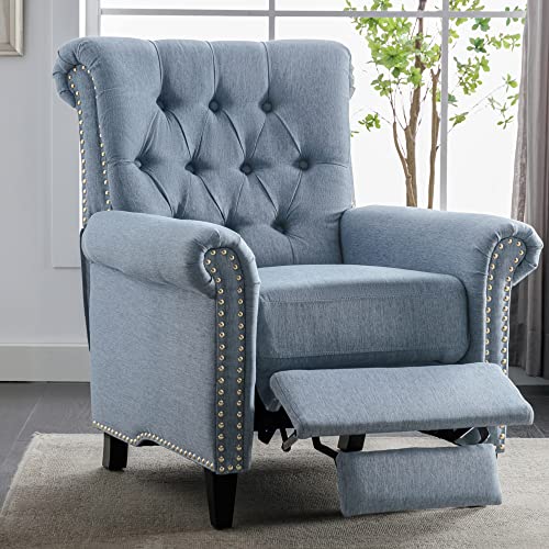 P PURLOVE Pushback Linen Tufted Recliner Single Sofa,Recliner Chair Sleeper with Nailheads,Adjustable Recliner for Living Room, Bedroom, Office, Blue