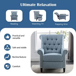 P PURLOVE Pushback Linen Tufted Recliner Single Sofa,Recliner Chair Sleeper with Nailheads,Adjustable Recliner for Living Room, Bedroom, Office, Blue