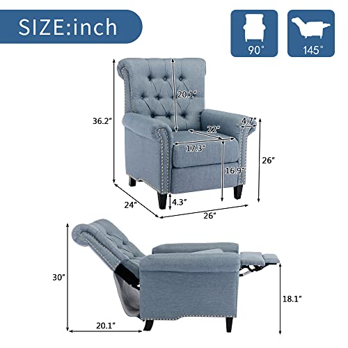 P PURLOVE Pushback Linen Tufted Recliner Single Sofa,Recliner Chair Sleeper with Nailheads,Adjustable Recliner for Living Room, Bedroom, Office, Blue