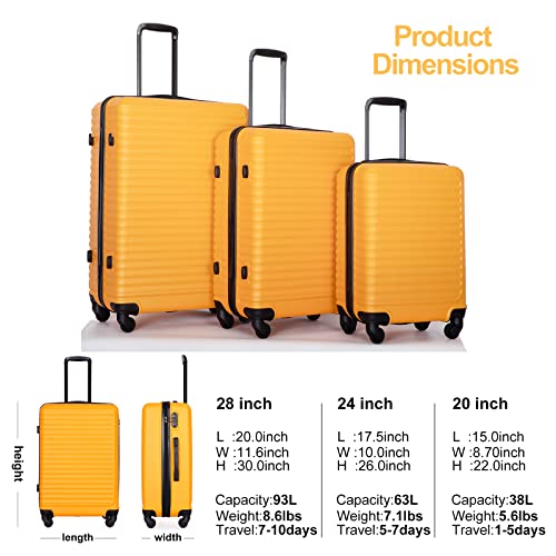 Tripcomp Luggage Sets Wear-Resistance Hardside Lightweight Suitcase Double Spinner Wheels, TSA Lock,Two Hooks, Scratch-resistant Carry-on,3 Piece Set(20inch 24inch 28inch) (Orange-085)