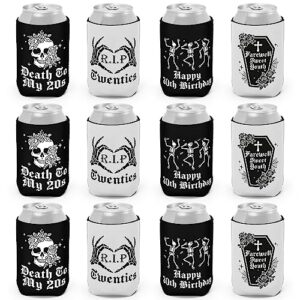 ciyvolyeen gothic 30th birthday can sleeve death to my 20s party decor skull design cooler rip cheer youth bachelorette supplies happy halloween women wife sweet gifts beer soda black white 12pcs