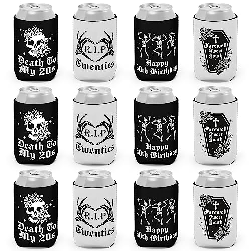 CiyvoLyeen Gothic 30th Birthday Can Sleeve Death to My 20s Party Decor Skull Design Cooler RIP Cheer Youth Bachelorette Supplies Happy Halloween Women Wife Sweet Gifts Beer Soda Black White 12PCS