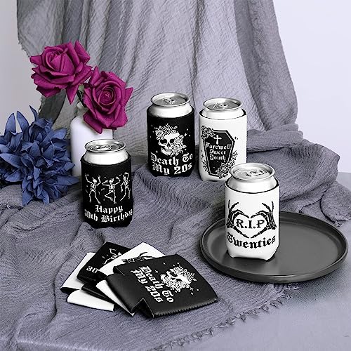 CiyvoLyeen Gothic 30th Birthday Can Sleeve Death to My 20s Party Decor Skull Design Cooler RIP Cheer Youth Bachelorette Supplies Happy Halloween Women Wife Sweet Gifts Beer Soda Black White 12PCS