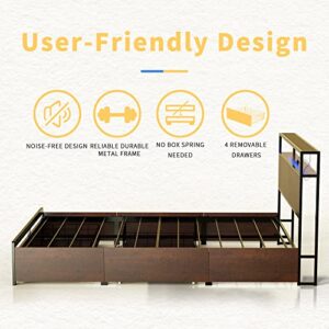 HAUSOURCE Queen Bed Frame with Storage Headboard and 4 Drawers LED Lights Metal Platform Non-Slip Without Noise Mattress Foundation Strong Metal Slats Support No Box Spring Needed