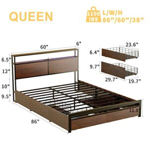 HAUSOURCE Queen Bed Frame with Storage Headboard and 4 Drawers LED Lights Metal Platform Non-Slip Without Noise Mattress Foundation Strong Metal Slats Support No Box Spring Needed