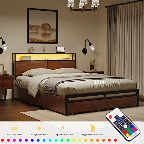 HAUSOURCE Queen Bed Frame with Storage Headboard and 4 Drawers LED Lights Metal Platform Non-Slip Without Noise Mattress Foundation Strong Metal Slats Support No Box Spring Needed