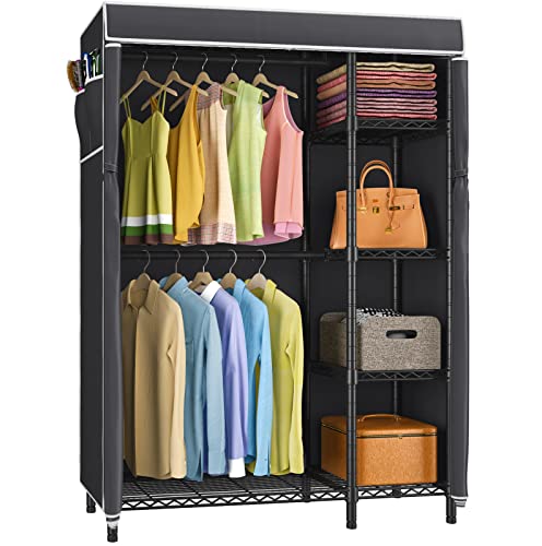 VIPEK V7C Basic Garment Rack with Cover Portable Closets for Hanging Clothes, Heavy Duty Clothes Rack with Shelves Metal Freestanding Closet Wardrobe, Max 620lbs, Black Clothing Rack with Black Cover