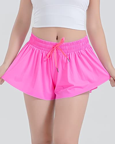 BOOPH Girls Flowy Shorts Athletic Butterfly Shorts Girls with Inner Pockets for Running Tennis Rose Red 13-14Y