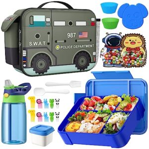 time4deals kid bento lunch box set, insulated lunch bag with 6 compartment bento box ice pack water bottle muffin cup spoon snack container kids school lunch supplies ideal for 7-16 (black police car)