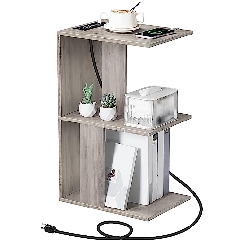 MAHANCRIS End Table with Charging Station, Narrow Side Table for Small Spaces, Sofa Couch Table with Storage Shelf, Slim Nightstand with Light, Beside Table for Bedroom, Living Room, Greige ETHG18E01