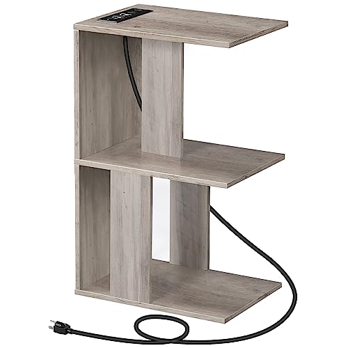 MAHANCRIS End Table with Charging Station, Narrow Side Table for Small Spaces, Sofa Couch Table with Storage Shelf, Slim Nightstand with Light, Beside Table for Bedroom, Living Room, Greige ETHG18E01