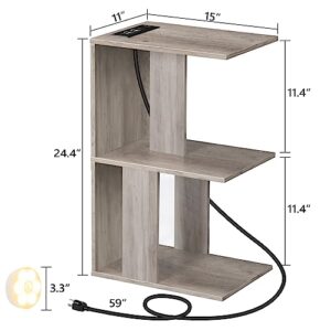 MAHANCRIS End Table with Charging Station, Narrow Side Table for Small Spaces, Sofa Couch Table with Storage Shelf, Slim Nightstand with Light, Beside Table for Bedroom, Living Room, Greige ETHG18E01