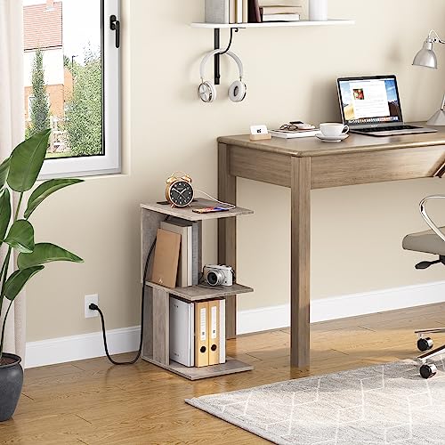 MAHANCRIS End Table with Charging Station, Narrow Side Table for Small Spaces, Sofa Couch Table with Storage Shelf, Slim Nightstand with Light, Beside Table for Bedroom, Living Room, Greige ETHG18E01