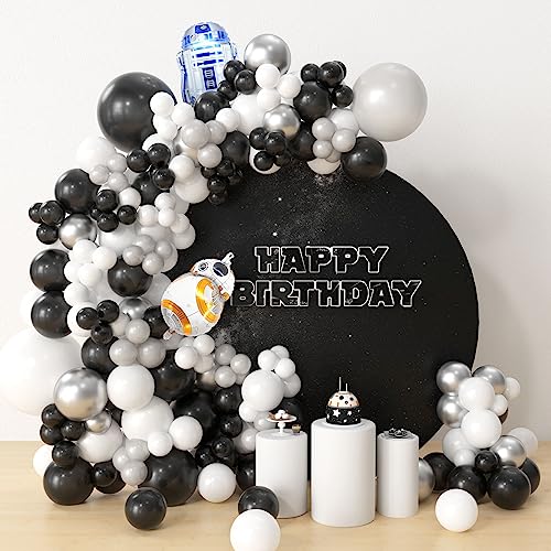 HYOWCHI Star Theme Wars Party Decorations - 165 Pcs Star Theme Wars Balloon Garland Arch Supplies, Black Silver White Latex Balloon Arch For Wars Birthday Baby Shower Party Decorations