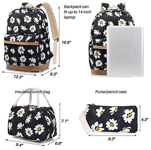 HUHUTU School Bag Set, Daisy Laptop Backpack Lunch Bag Pencil Case