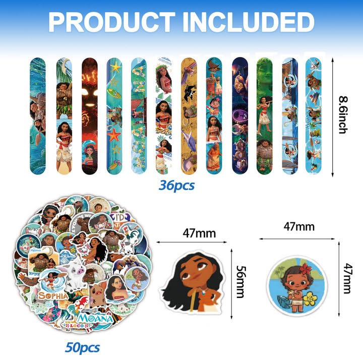 86 PCS Moana Party Favors, Moana Slap Bracelet and Stickers for Kids Moana Themed Birthday Party Baby Shower Decorations