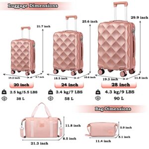 Somago- Hardshell Lightweight ABS Travel Luggage 20’’+24’’+28’’ Sets Suitcase with TSA Lock& 8 silent Swivel Wheels, Diamond Pattern Surface and YKK Zipper With 2 pcs Bags (Rosegold)