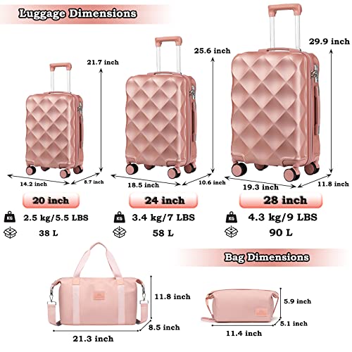 Somago- Hardshell Lightweight ABS Travel Luggage 20’’+24’’+28’’ Sets Suitcase with TSA Lock& 8 silent Swivel Wheels, Diamond Pattern Surface and YKK Zipper With 2 pcs Bags (Rosegold)