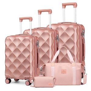 somago- hardshell lightweight abs travel luggage 20’’+24’’+28’’ sets suitcase with tsa lock& 8 silent swivel wheels, diamond pattern surface and ykk zipper with 2 pcs bags (rosegold)