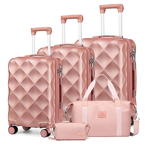 Somago- Hardshell Lightweight ABS Travel Luggage 20’’+24’’+28’’ Sets Suitcase with TSA Lock& 8 silent Swivel Wheels, Diamond Pattern Surface and YKK Zipper With 2 pcs Bags (Rosegold)