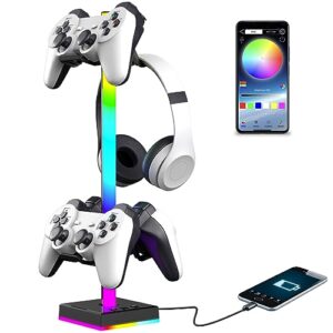 rgb gaming controller stand, headphone and controller holder for desk, display controller stand for xbox series| one/ ps5/ ps4/ nintendo/switch controller, 2 type-c charging ports, gaming accessories