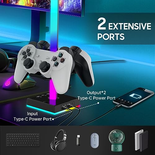 RGB Gaming Controller Stand, Headphone and Controller Holder for Desk, Display Controller Stand for Xbox Series| One/ PS5/ PS4/ Nintendo/Switch Controller, 2 Type-C Charging Ports, Gaming Accessories