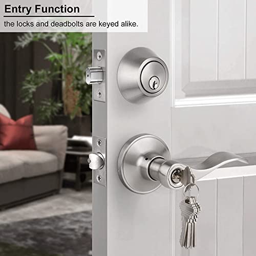 DECORITEN Entry Door Handle with Double Keyed Deadbolt, Satin Nickel Door Handle, Front Door Entrance Lever Lockset and Double Cylinder Deadbolt Combination Set with Same Keys, 4 Set