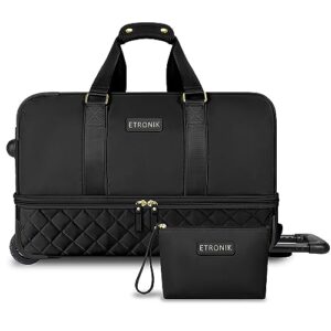 etronik rolling duffle bag with wheels, 21-inch flight approved travel duffle bag with wet pocket & shoe compartment, carry on luggage 22x14x9 airline approved, black