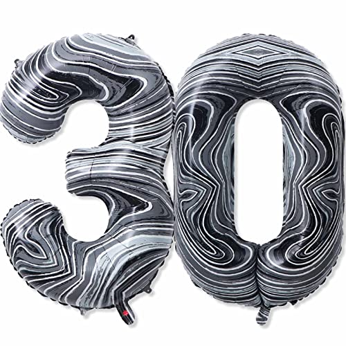 30 Balloon Number, 40 Inch Black Marble Foil Balloons Giant Jumbo Helium Number 30 Balloons for 30th Birthday Decorations Anniversary Events Boys Girls Party Decorations(Black Marble Agate)