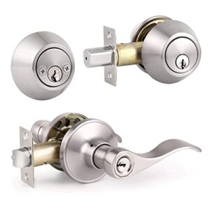 decoriten entry door levers with double cylinder deadbolt, all keyed alike satin nickel handlesets, front/exterior door locksets, 6 set