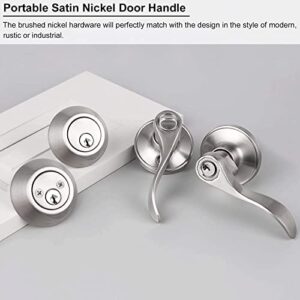 DECORITEN Entry Door Levers with Double Cylinder Deadbolt, All Keyed Alike Satin Nickel Handlesets, Front/Exterior Door Locksets, 6 Set