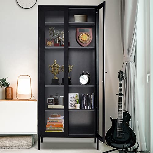 Greenvelly Metal Storage Cabinet, Black Display Curio Glass Storage Cabinet with Glass Doors and 4 Shelves, Tall Glass Bookcase Cabinet Modern Bookshelf Cabinet for Home Office, Living Room, Pantry