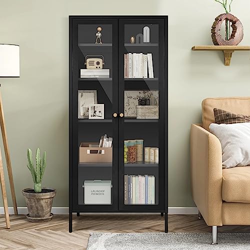 Greenvelly Metal Storage Cabinet, Black Display Curio Glass Storage Cabinet with Glass Doors and 4 Shelves, Tall Glass Bookcase Cabinet Modern Bookshelf Cabinet for Home Office, Living Room, Pantry