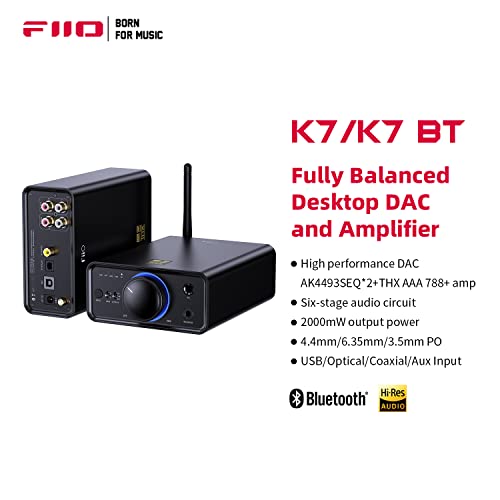 FiiO K7BT Balanced HiFi DAC Bluetooth Headphone Amplifier AK4493S*2, XMOS XU208 PCM384kHz DSD256,USB/Optical/Coaxial/RCA Inputs, 6.35mm/4.4mm Output(US Plug)
