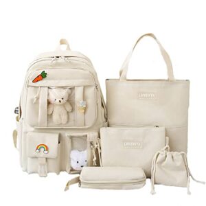 ygycf kawaii backpack 5pcs set for student with cute bear accessories - school bags for teen girls back to school supplies essentials aesthetic bookbag, a white