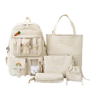 YGYCF Kawaii Backpack 5Pcs Set for Student with Cute Bear Accessories - School Bags for Teen Girls Back to School Supplies Essentials Aesthetic Bookbag, A White