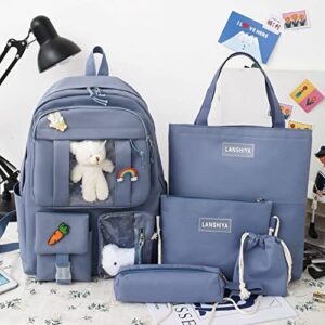 YGYCF Kawaii Backpack 5Pcs Set for Student with Cute Bear Accessories - School Bags for Teen Girls Back to School Supplies Essentials Aesthetic Bookbag, A Blue