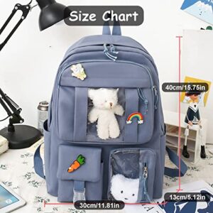 YGYCF Kawaii Backpack 5Pcs Set for Student with Cute Bear Accessories - School Bags for Teen Girls Back to School Supplies Essentials Aesthetic Bookbag, A Blue