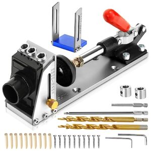 pocket jig hole kit, professional pocket hole jig kit, pocket screw jig with removable vacuum adapter, all-metal pocket hole drill guide jig set for angled holes for men carpentry joinery woodworking