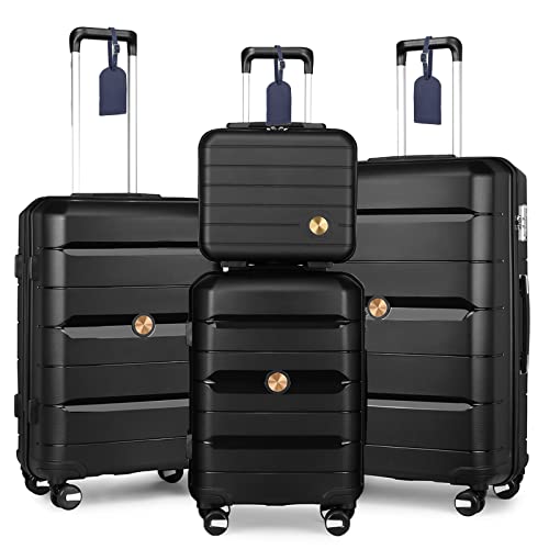 Somago 4 Pieces Luggage Set(14/20/24/28) PP Lightweight 4 Double Rolling Wheels Suitcase With TSA Lock & YKK Zipper Bussiness Trip (Black)